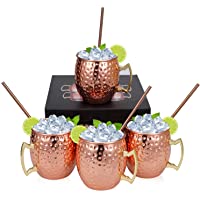 Juego de 4 tazas de cobre martillado de Moscú con 4 pajitas de cobre- gran juego de regalo de bar de entretenimiento